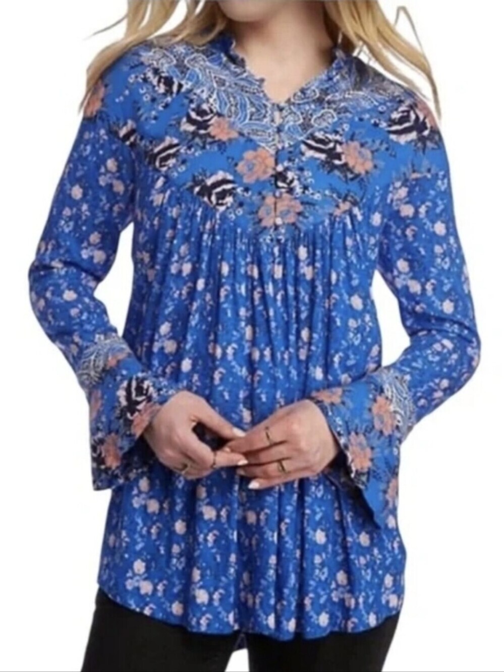 Free People Blue Floral Paisley Print Sunset Peasant Tunic S